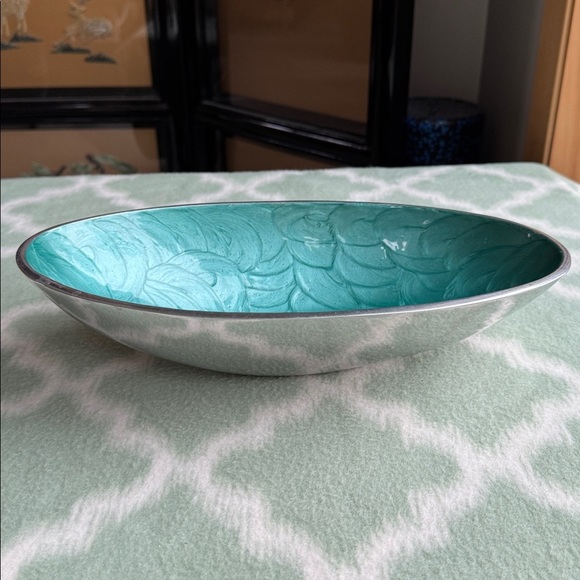 Modern aluminum Teal enamel asymmetrical Oval boat shaped Decorative Bowl - Picture 7 of 11
